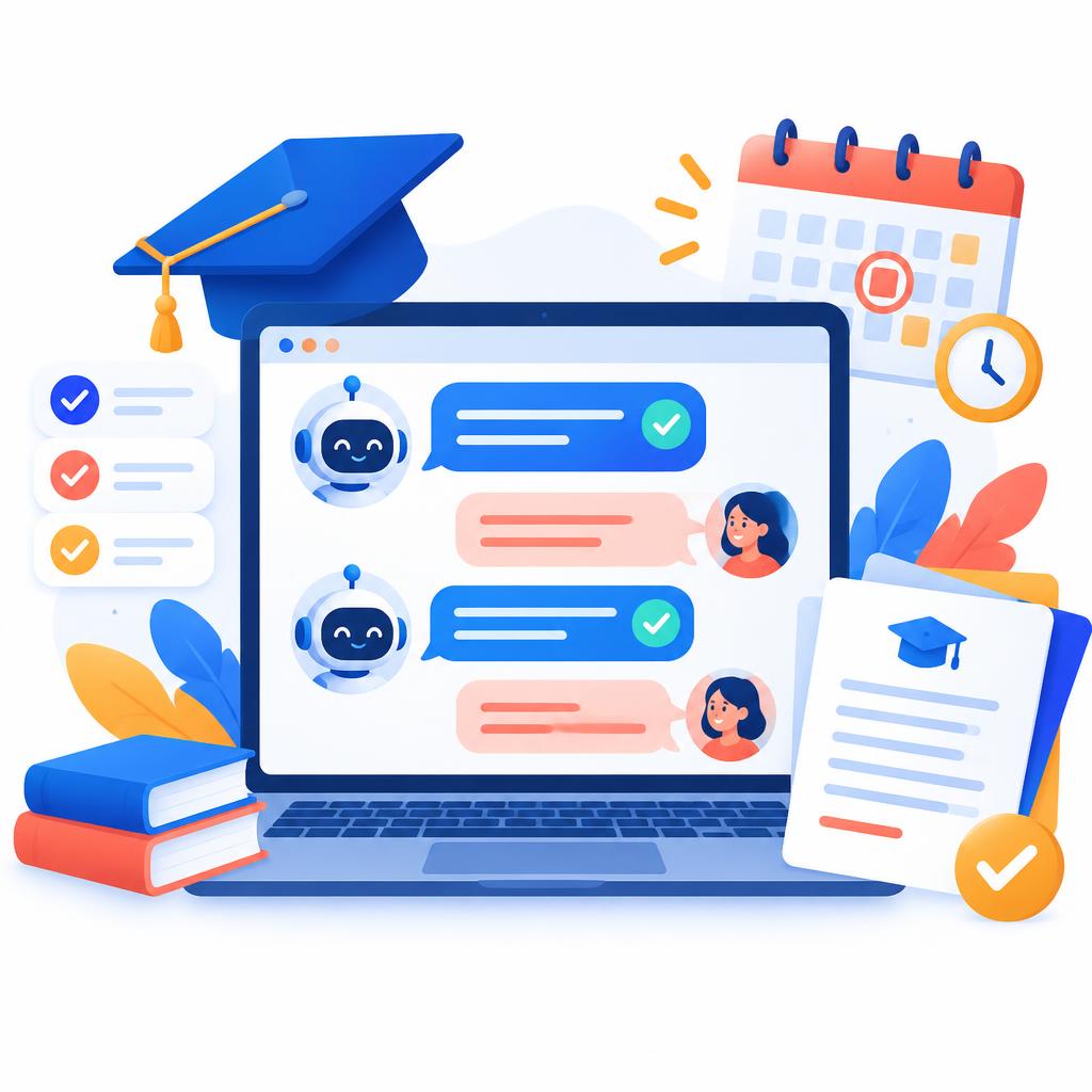 Illustration of the AI assistant chat helping with deadlines, essays, and applications